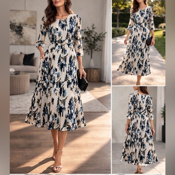 Harper Dresses & Skirts - HARPER Cocktail Dress Floral size Small 3/4 arm length Pleated & Lined